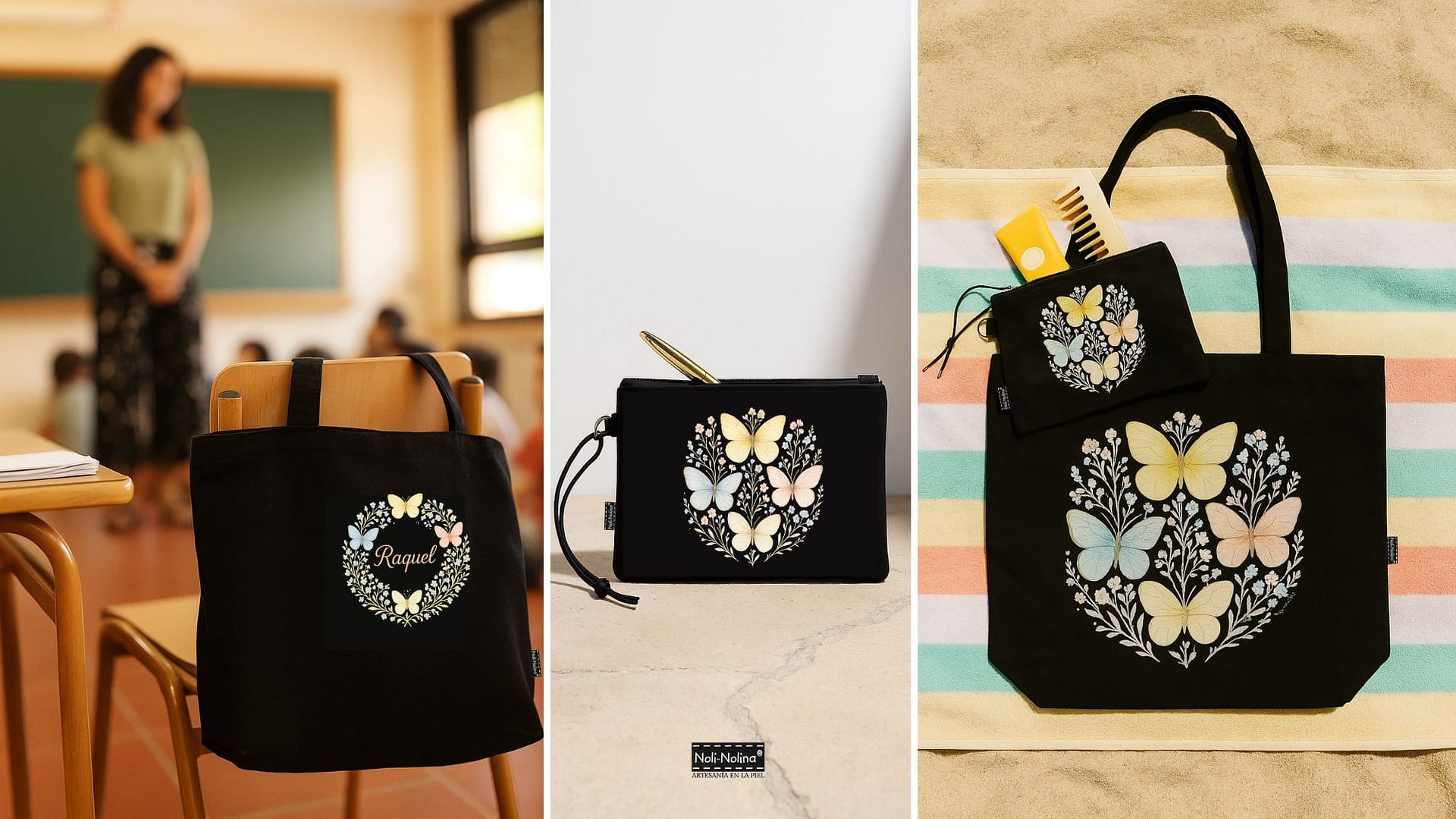 Bolso tote y neceser personalizados con mariposas, regalo para profesora - diseño Noli-Nolina