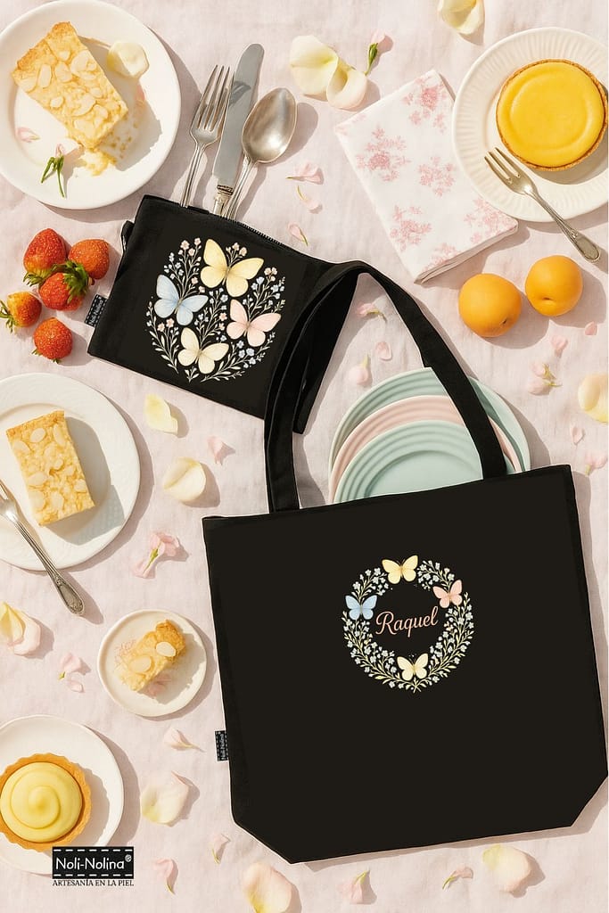 Bolso y clutch personalizados “Raquel” con mariposas, en picnic al aire libre sobre mantel rosa