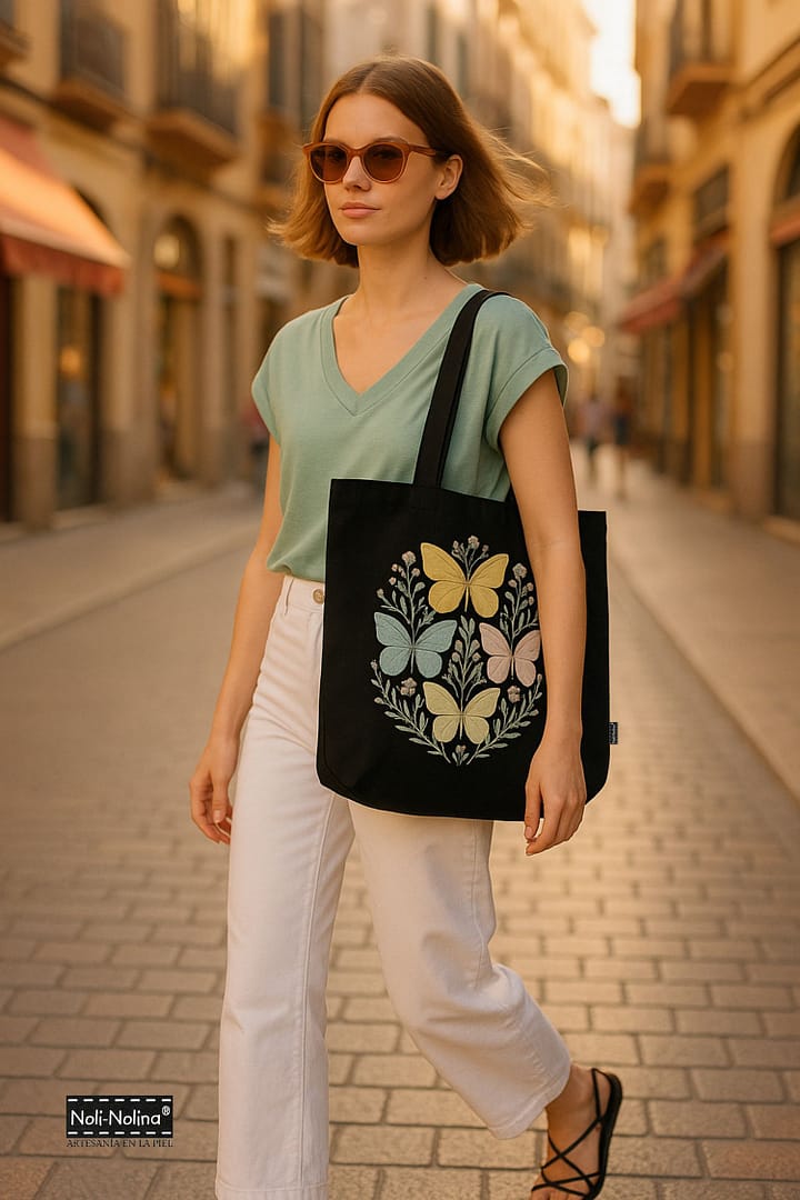 Mujer paseando con bolso tote negro con mariposas, diseño exclusivo de Noli-Nolina