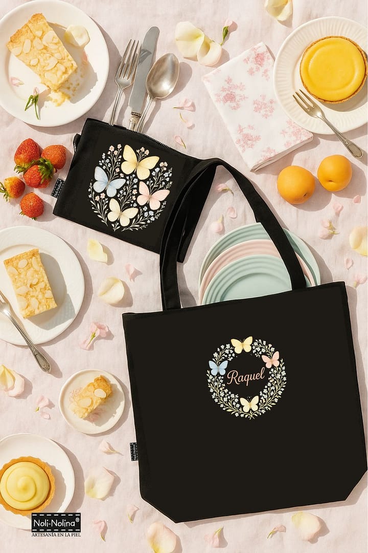 Bolso y clutch personalizados “Raquel” con mariposas, en picnic al aire libre sobre mantel rosa