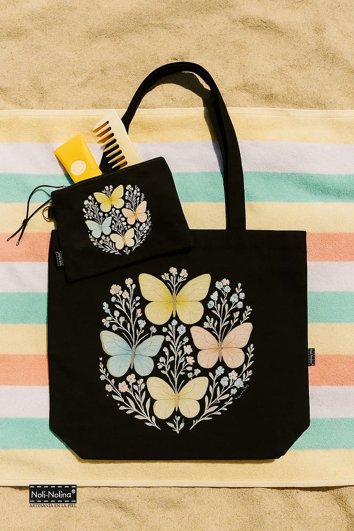 Bolso tote y neceser con diseño floral de mariposas, ideal para la playa o tiempo libre – Noli-Nolina