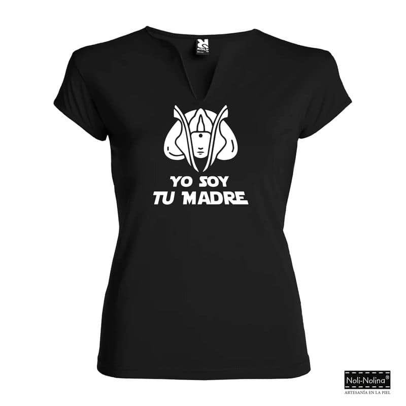 camiseta negra de mujer con el texto de star wars yo soy tu madre en color blanco