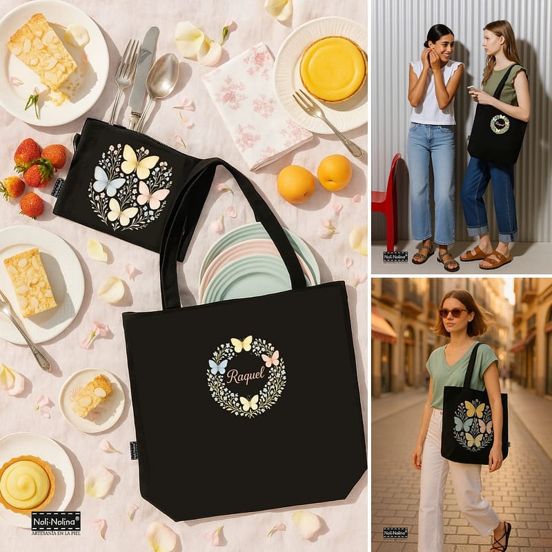 Collage de bolso y neceser personalizados con mariposas, ideal como regalo para profesora - diseño Noli-Nolina