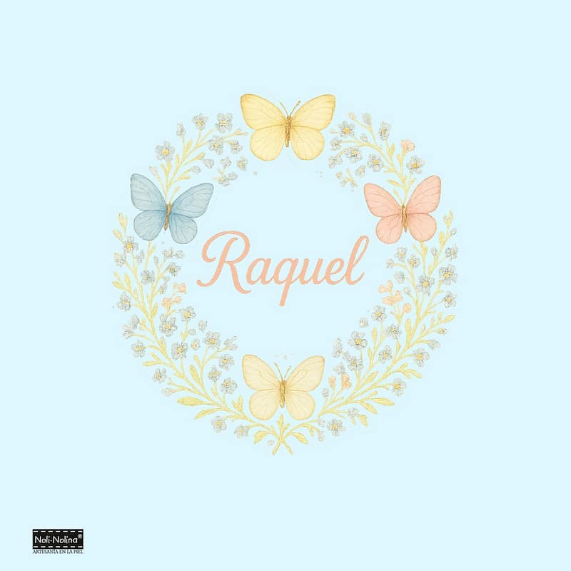 Diseño floral personalizado con mariposas y el nombre Raquel, impreso sobre tela negra con técnica DTF.