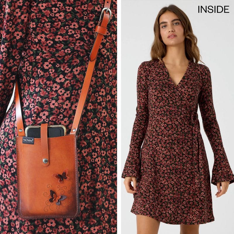 funda para móvil realizado en cuero de ternera engrasada color anaranjado y decorado con mariposas por up