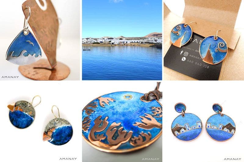 Mosaico de pendientes azules como el mar de la joyería AMANAY